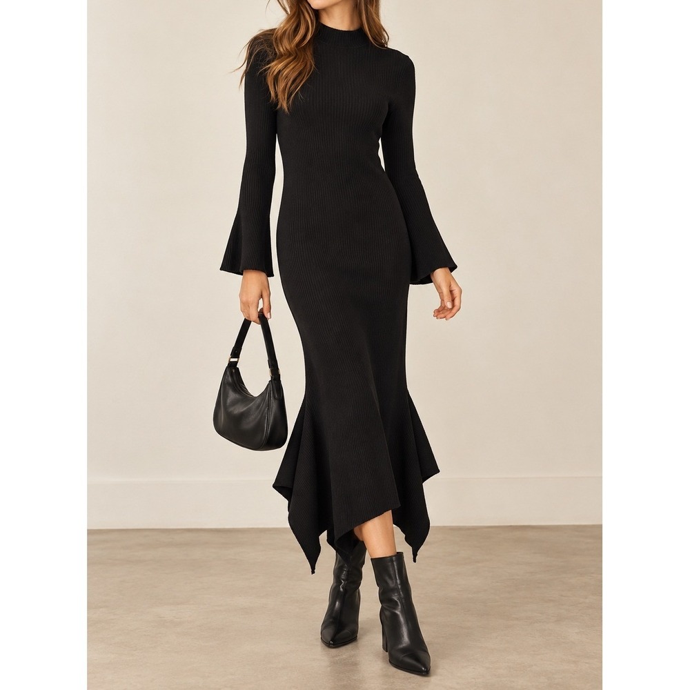 Lucy Paris Black Ribbed Knit Mock Neck Bell Sleeve Handkerchief Hem Maxi Dress L